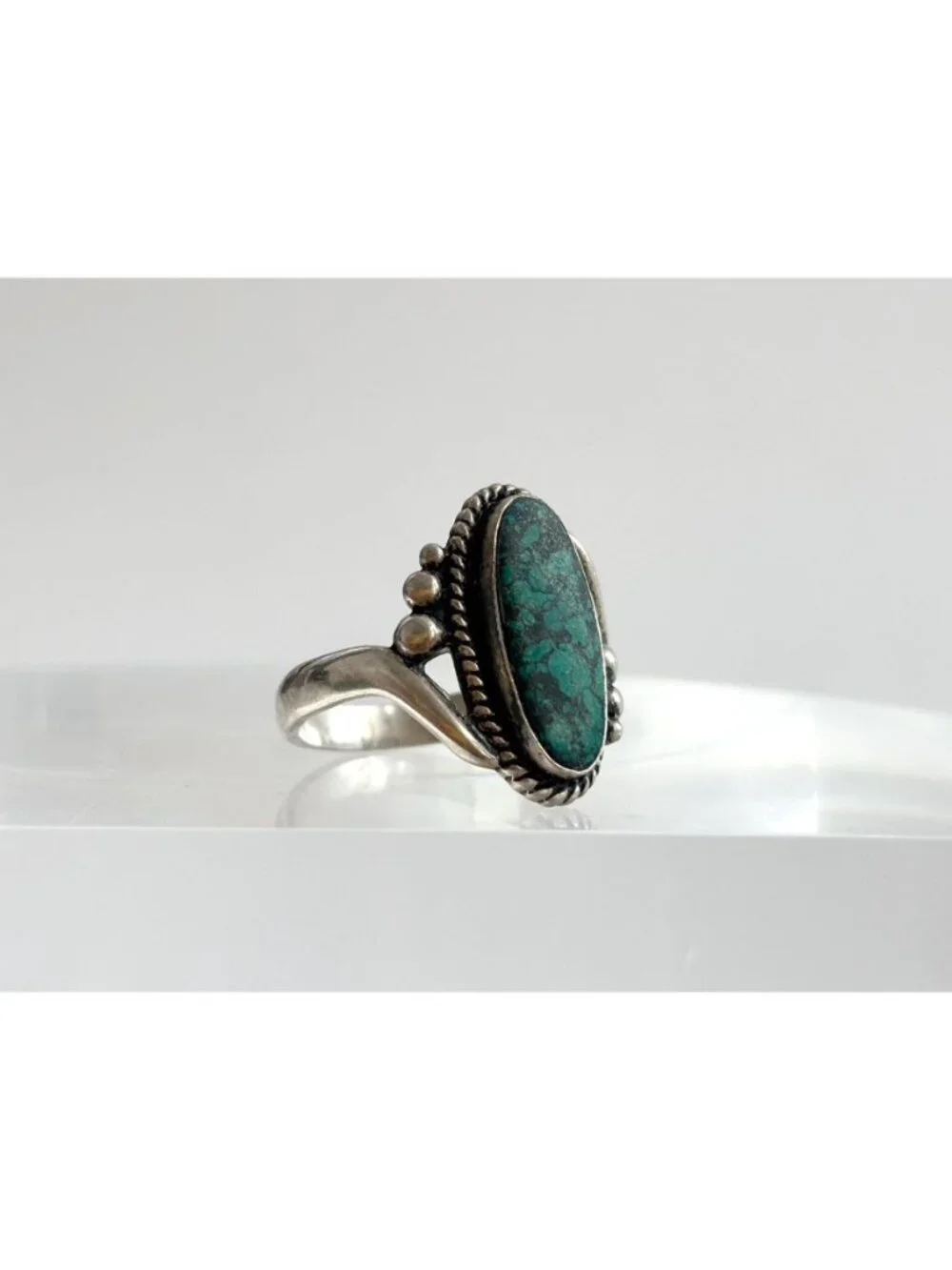 Green Turquoise Beaded Southwest Style Sterling Silver 925 Vintage Ring sz 7.5